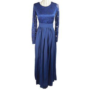 Eunice Lai Long Blue Lace Sleeved Gown Dress
